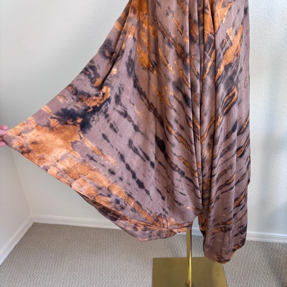 Chantique Hawaii Tie Dye Harem Jumpsuit Brown Rust Rayon One Size Boho Pockets - Picture 16 of 16